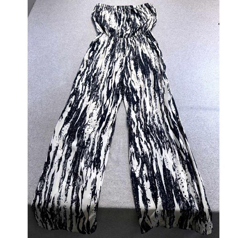 Maude Jumpsuit Women S Black Cream Abstract Strapless Wide Leg Flowy Travel Boho